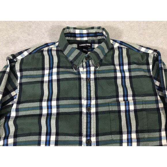 Lands’ End Flannel Shirt Mens L Button Down Green Multi Plaid Pocket Workwear - Picture 3 of 13